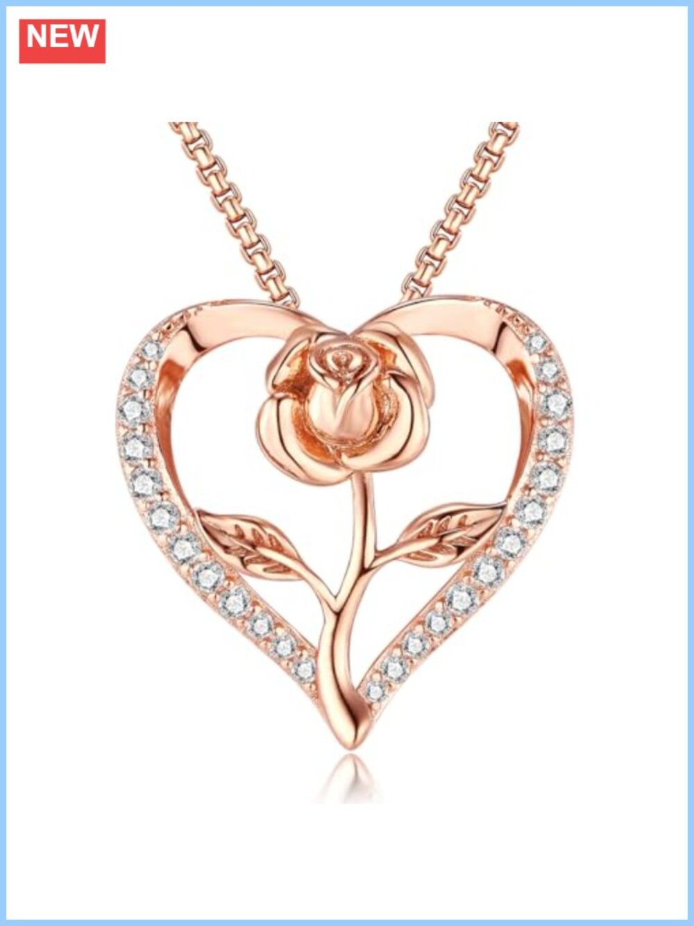 18K Rose Gold Plated Heart Rose Pendant Necklace CZ Romantic Gift